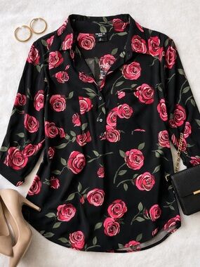 torrid Black Button-Down Shirt with Pink Rose Print